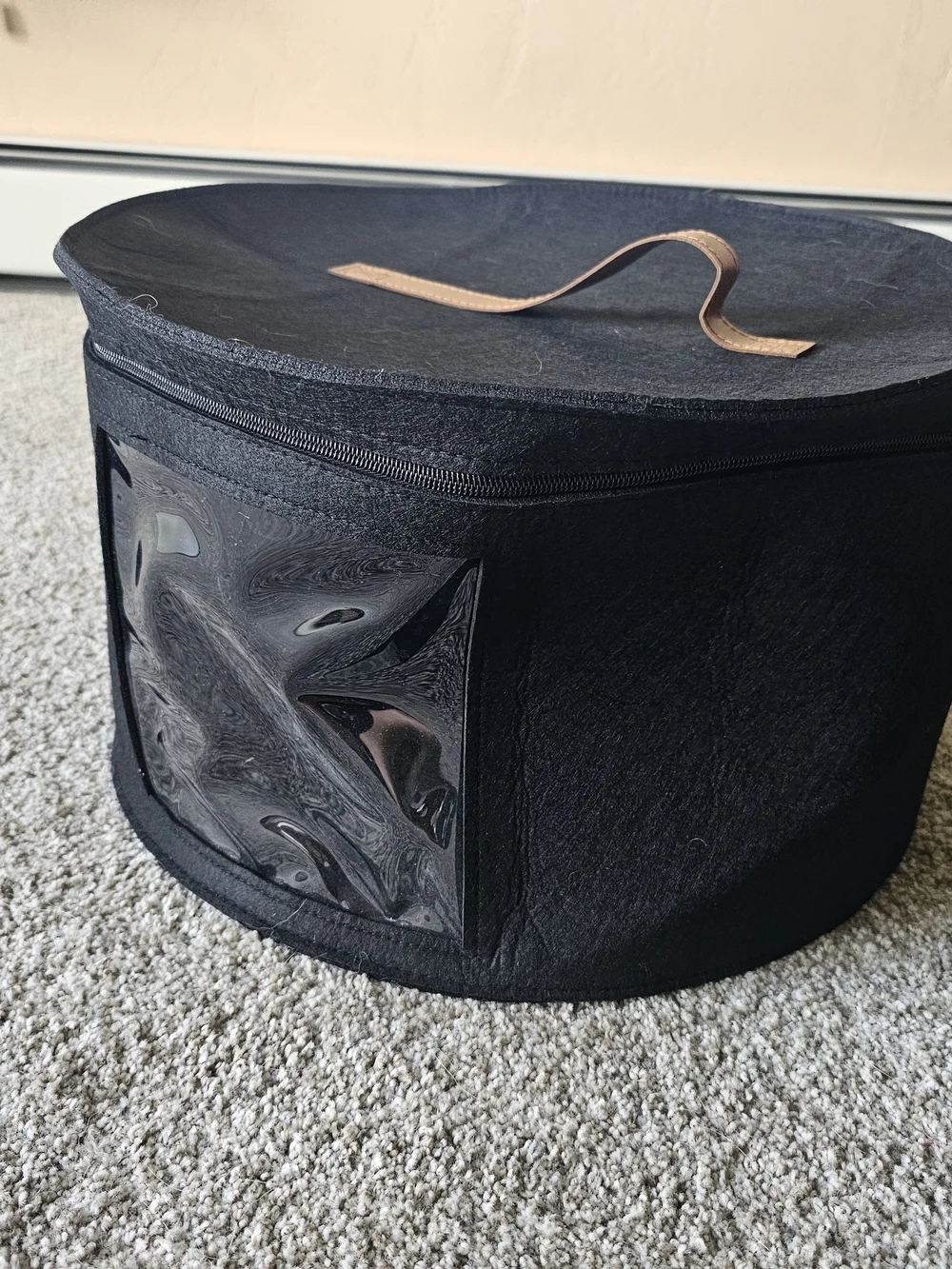 Black Round Travel Hat Box with Tan Carry Handle
